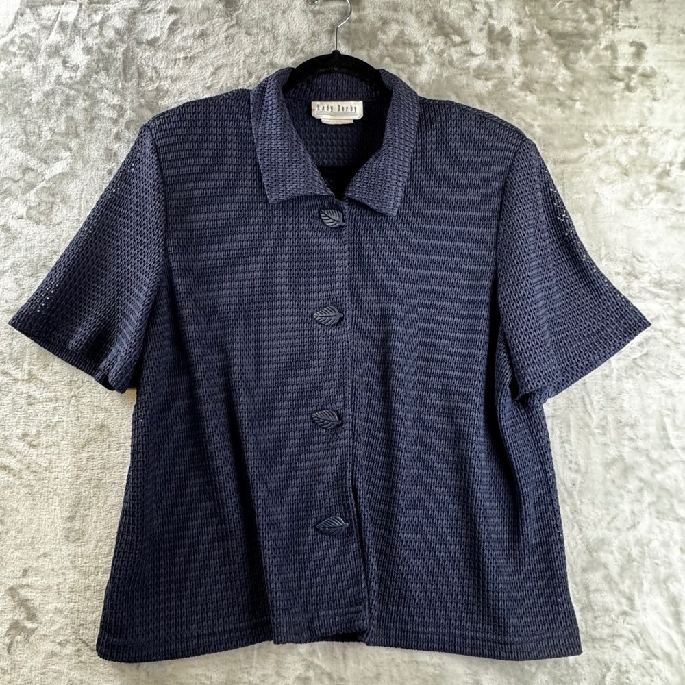Lady Dorby Crochet Jacket Women 16W Navy Blue Leaf Button Open Knit (1699)